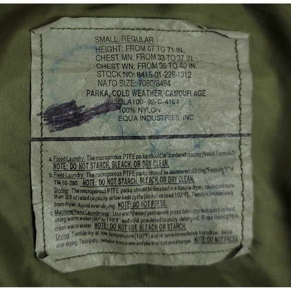 Equa Industries USGI Jacket Men Small Camo Nylon Military Parka Cold Weather 90s - Picture 12 of 12